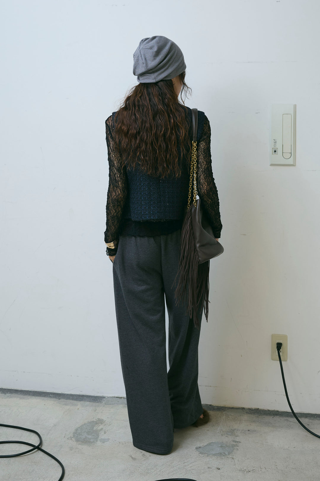 [予約/SET]ビジューボタンラメツイードジレ+シアーレーストップス+裏毛カーブラインワイドパンツ(3set)