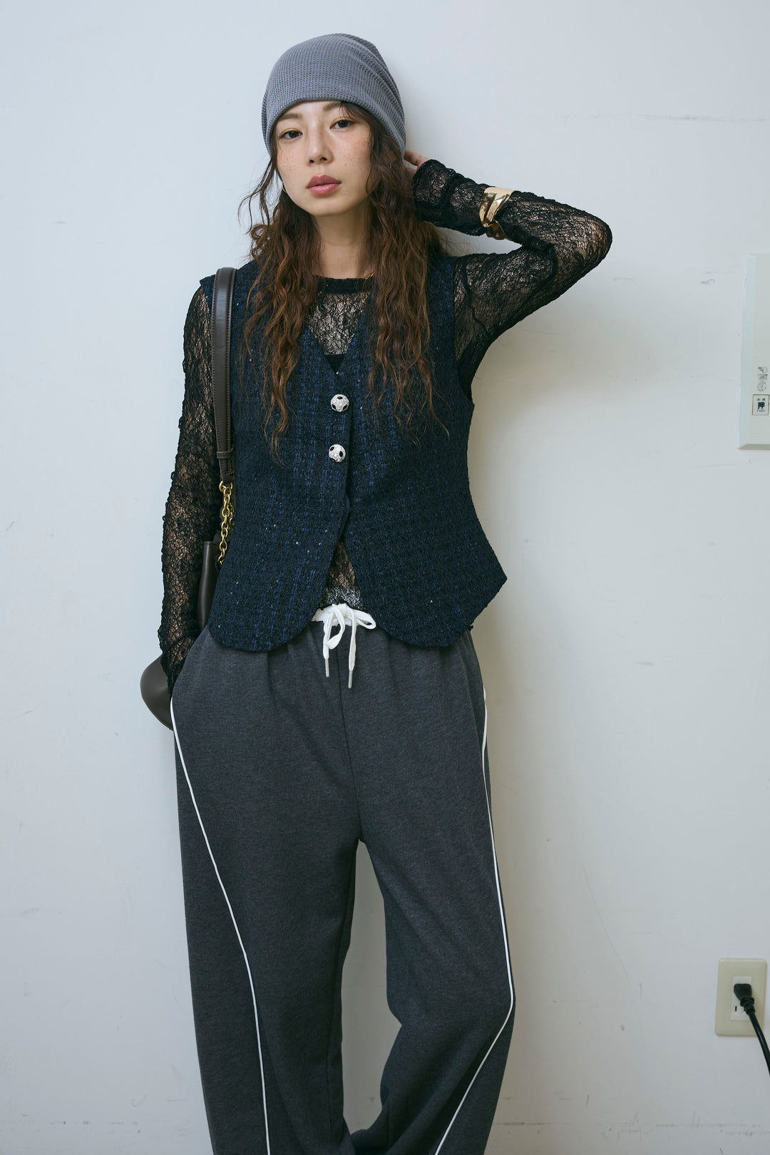 [予約/SET]ビジューボタンラメツイードジレ+裏毛カーブラインワイドパンツ(2set)