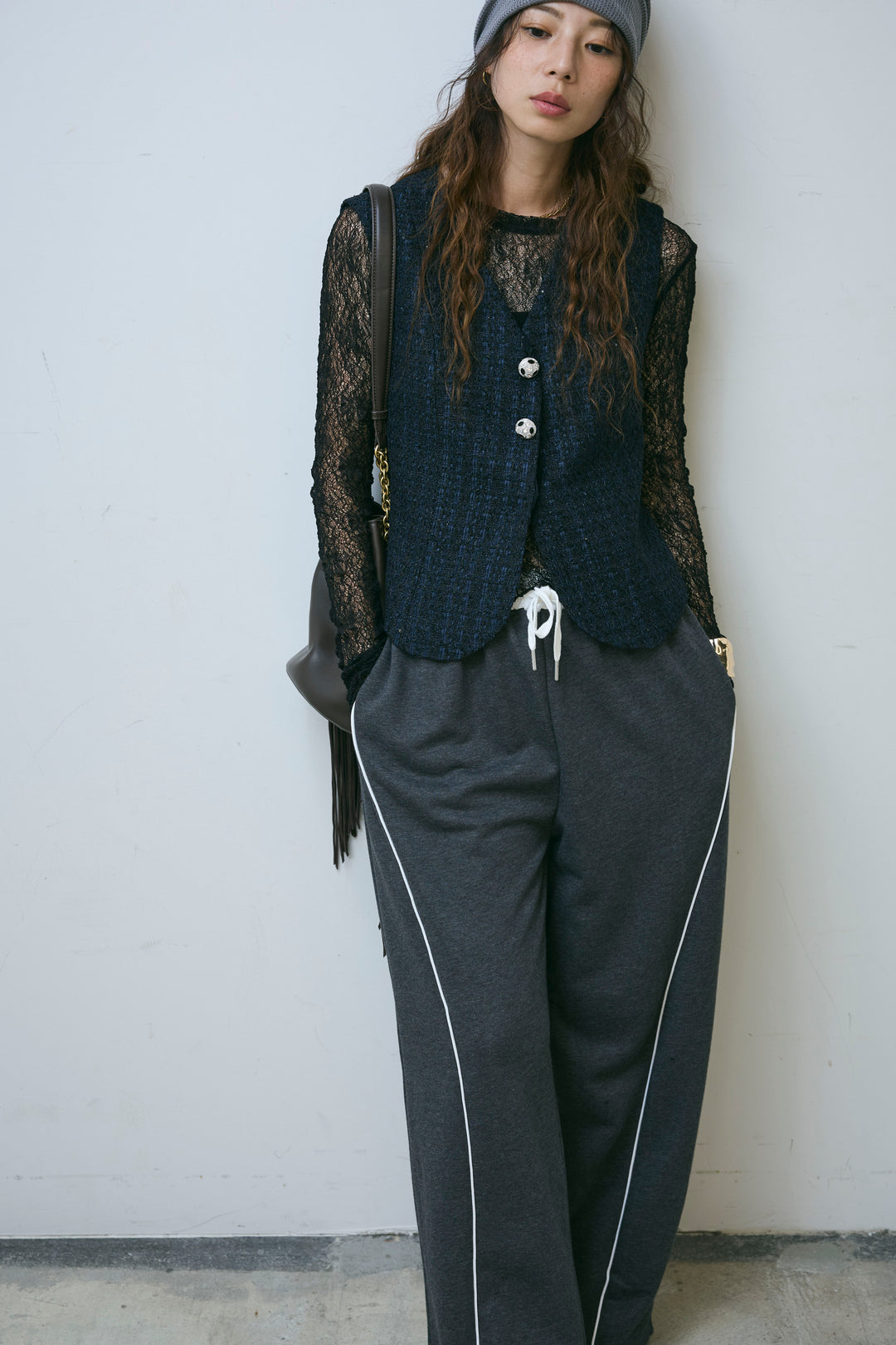 [予約/SET]ビジューボタンラメツイードジレ+シアーレーストップス+裏毛カーブラインワイドパンツ(3set)