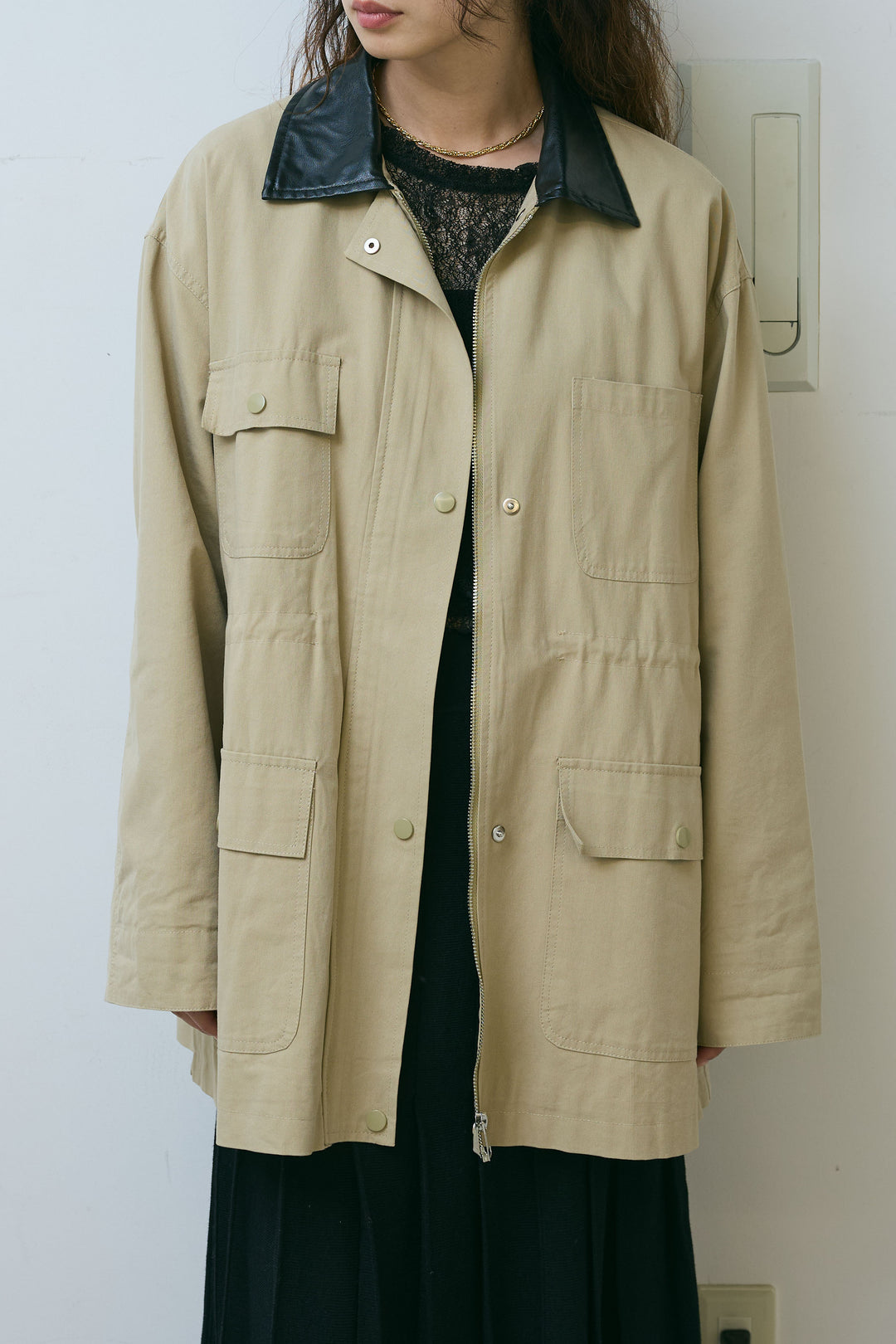 [予約/SET]フェイクレザー襟カバーオール+ニットプリーツロングSK(2set)