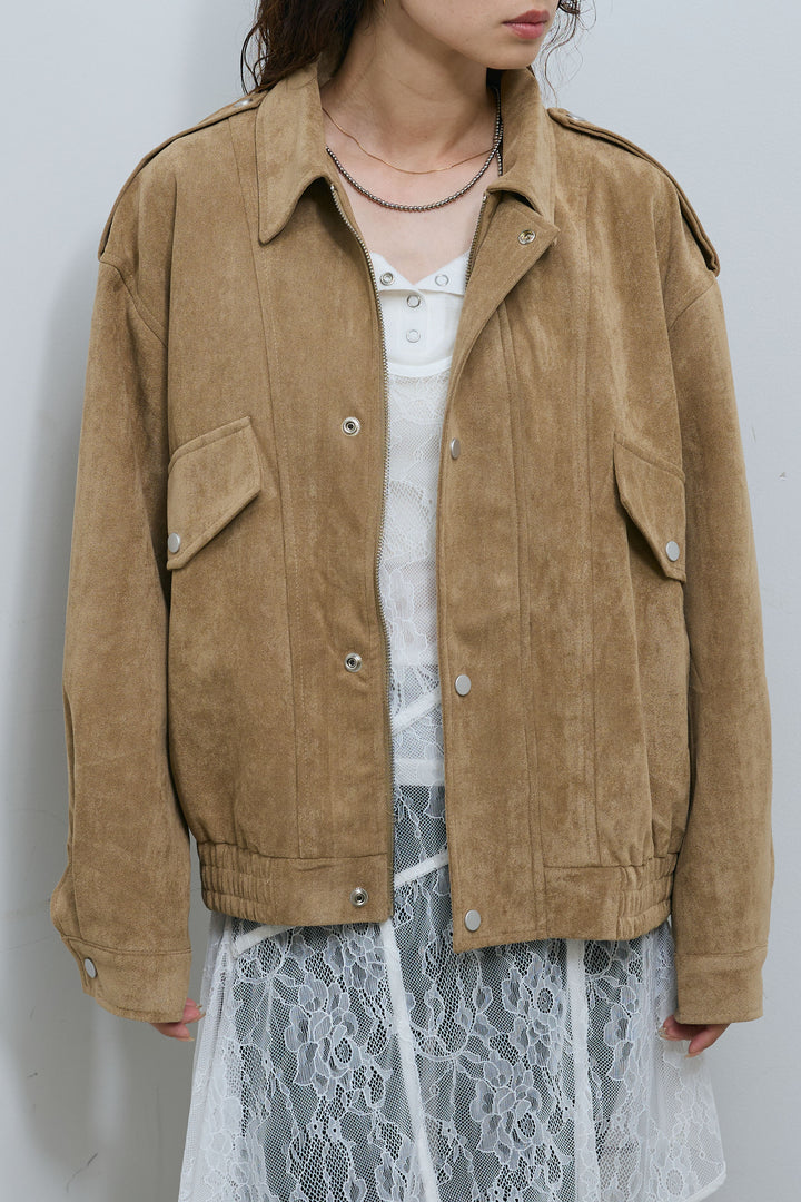 [予約/SET]エポーレット付きスウェードライクブルゾン+レースアシメトリーワンピース(2set)