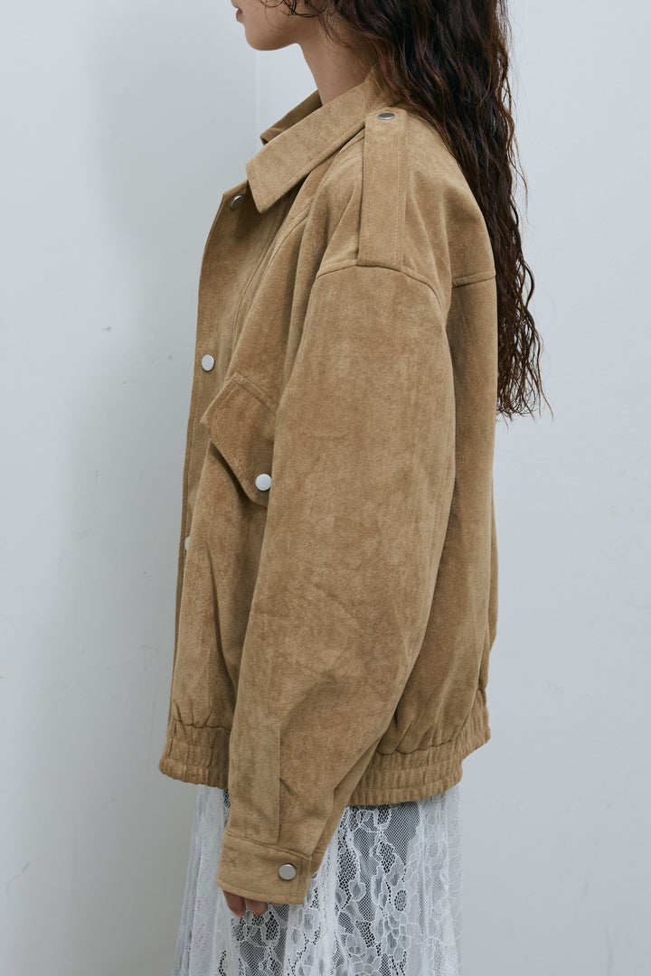 [予約/SET]エポーレット付きスウェードライクブルゾン+シアーヘンリーネックロンT+ニットトレンカ(3set)