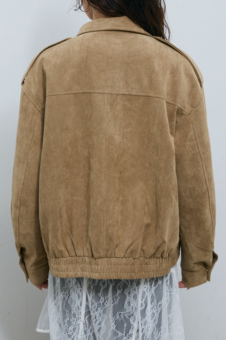 [予約/SET]エポーレット付きスウェードライクブルゾン+シアーヘンリーネックロンT+サイド切り替えデニム(3set)