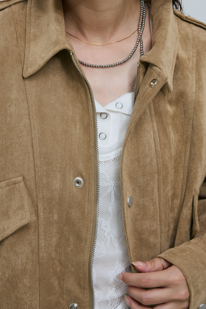 [予約/SET]エポーレット付きスウェードライクブルゾン+サイド切り替えデニム(2set)