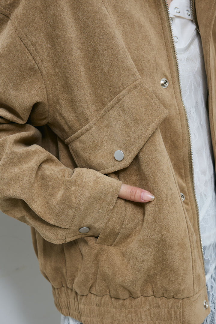 [予約/SET]エポーレット付きスウェードライクブルゾン+シアーヘンリーネックロンT+サイド切り替えデニム(3set)