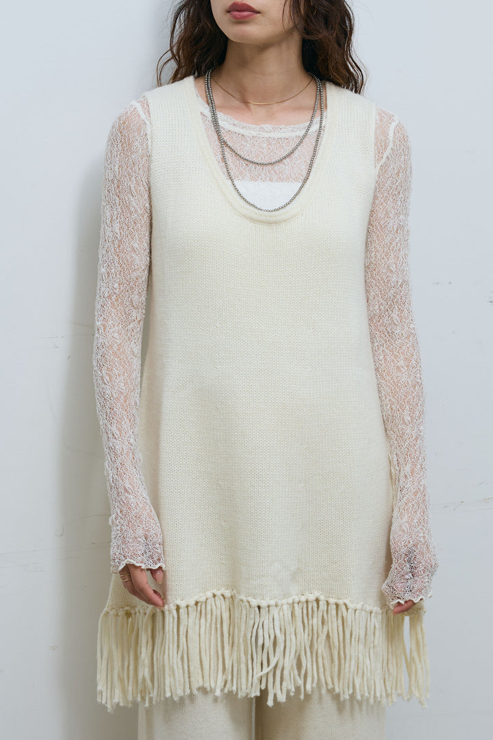 [予約/SET]裾フリンジノースリニット+ニットワイドパンツ(2set)