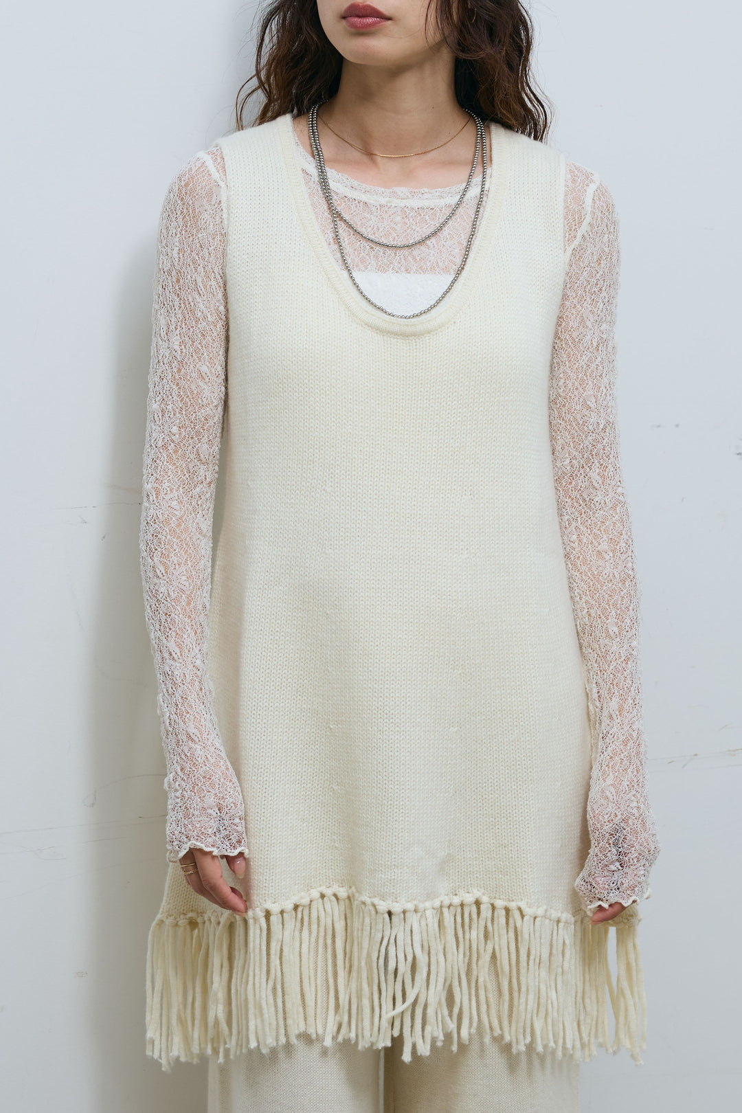 [予約/SET]裾フリンジノースリニット+シアーレーストップス+ニットワイドパンツ(3set)