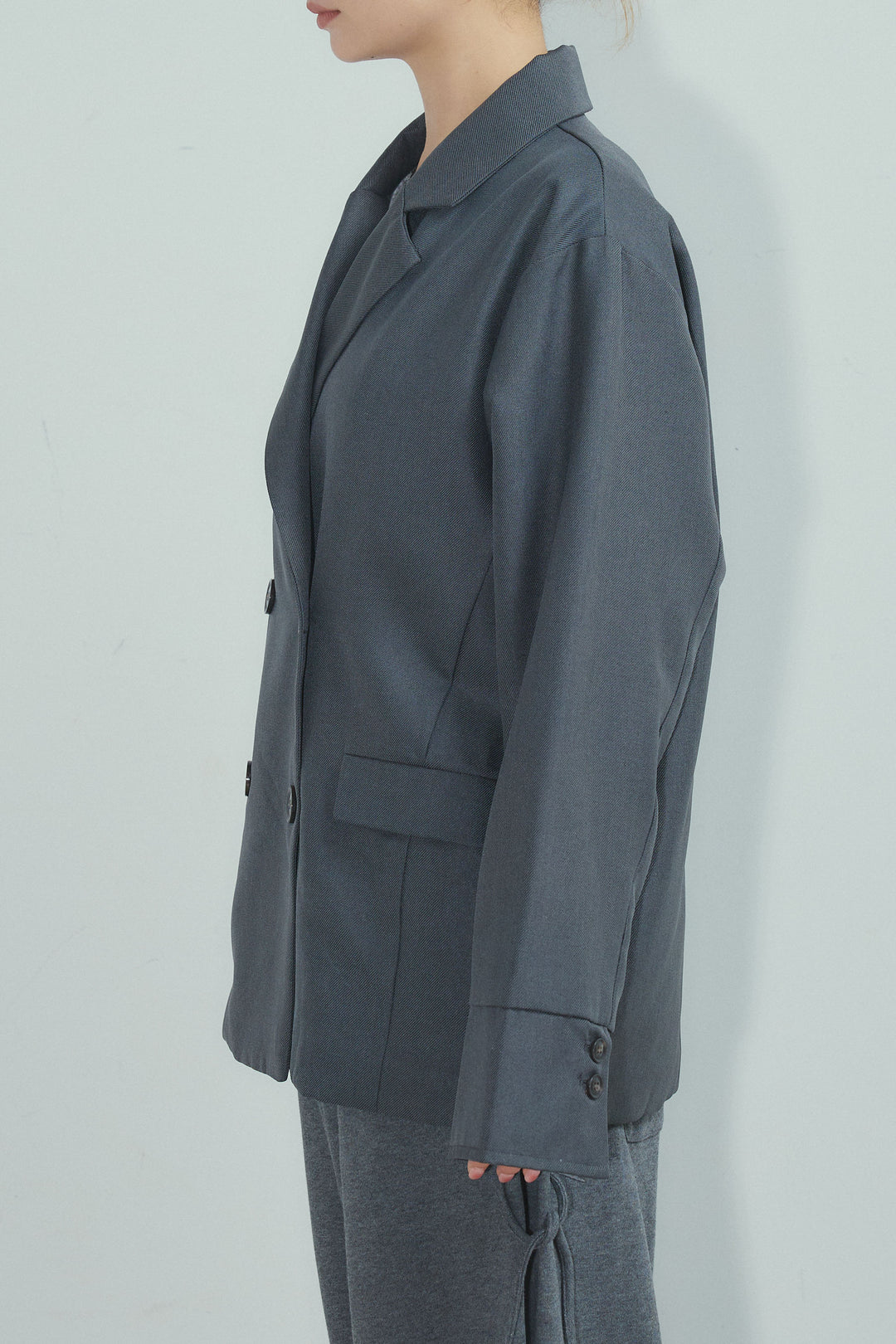 [予約/SET]ヘザーツイルダブルジャケット+シアーレーストップス+フェイクウールビスチェ+サイドレースアップスウェットパンツ(4set)