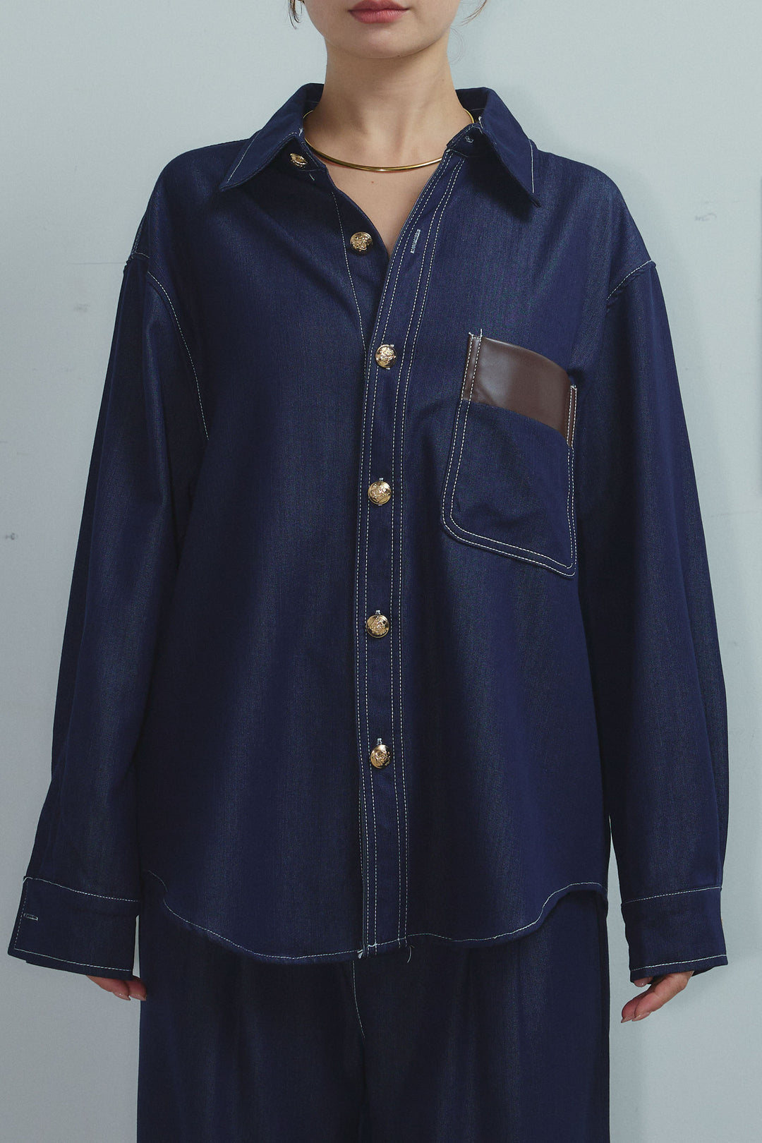 [予約]フェイクレザーポケット付きデニムセットアップ