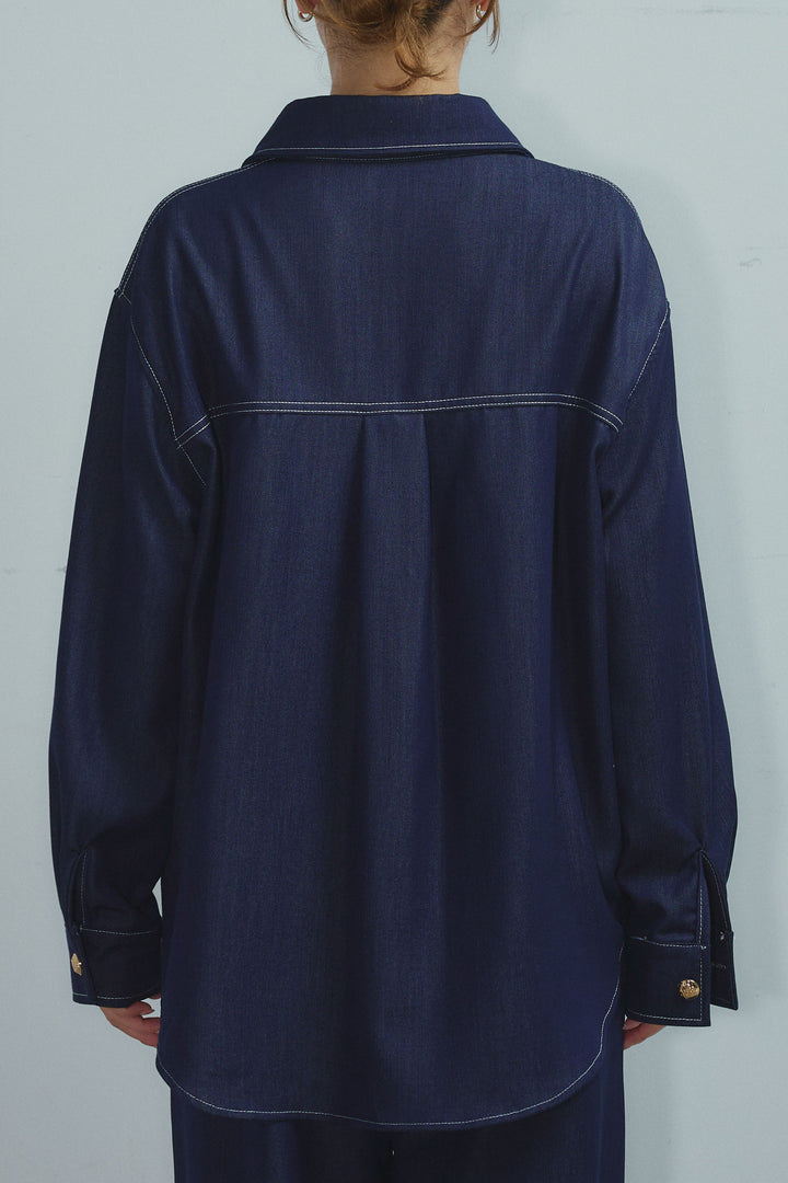 [予約]フェイクレザーポケット付きデニムセットアップ