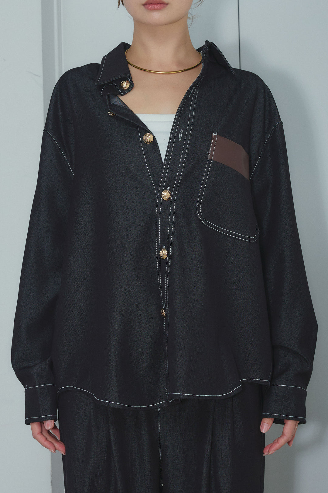 [予約]フェイクレザーポケット付きデニムセットアップ