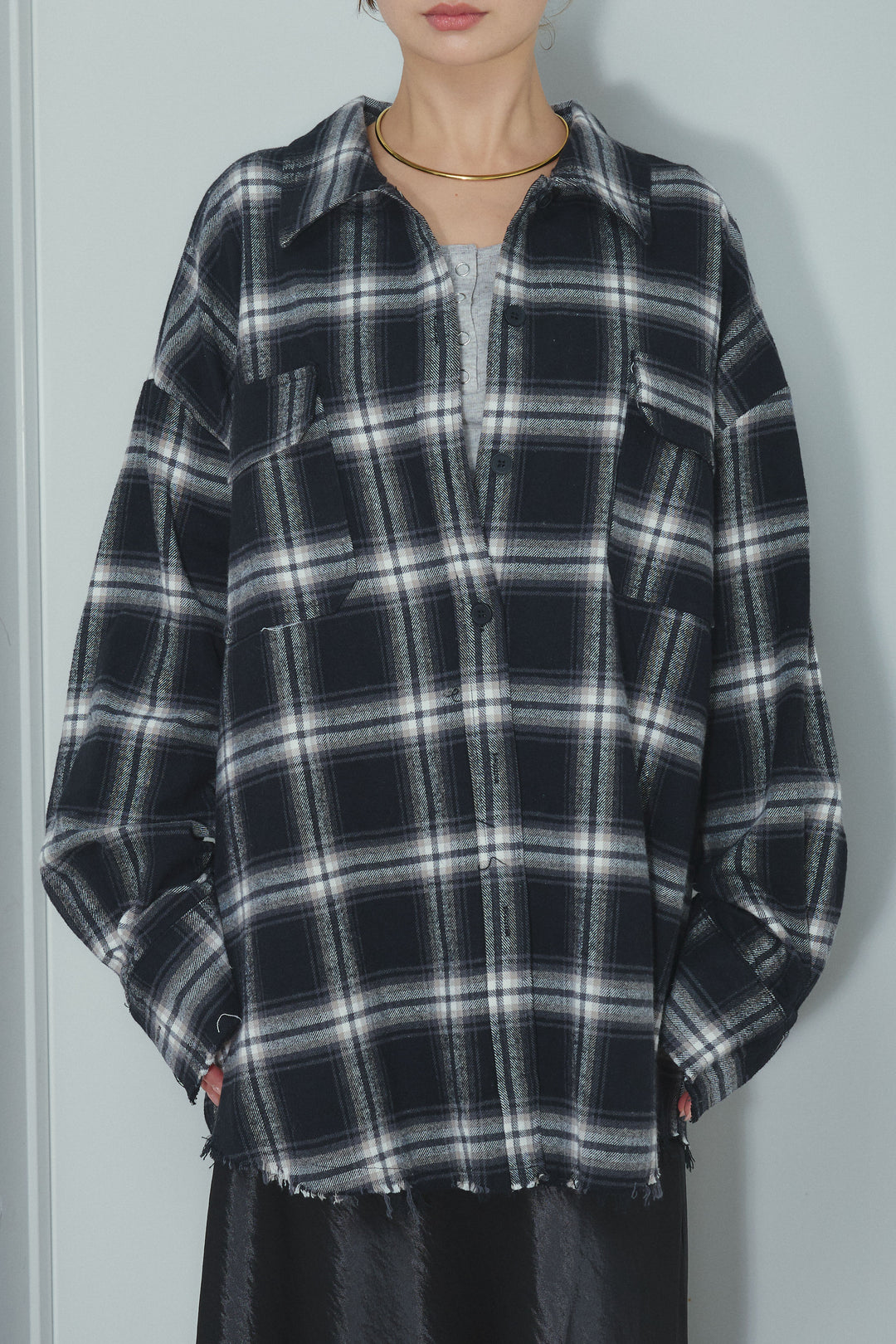 [予約/SET]ヴィンテージライクチェックシャツJK+シアーヘンリーネックロンT+裾レースサテンスカート(3set)