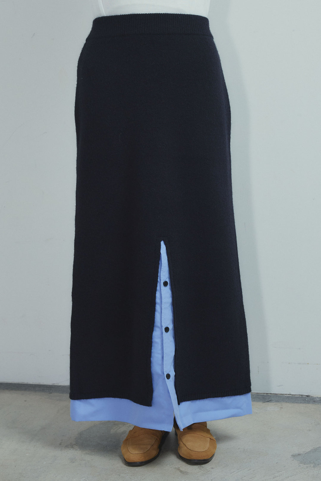 [予約/SET]シャツレイヤードライクニットカーデ+袖レースレイヤードプルオーバー+シャツレイヤードライクニットスカート(3set)