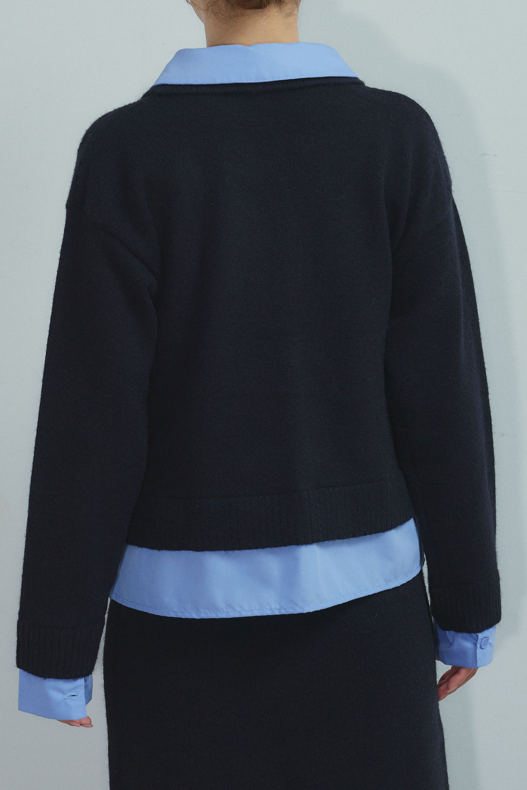 [予約/SET]シャツレイヤードライクニットカーデ+シャツレイヤードライクニットスカート(2set)