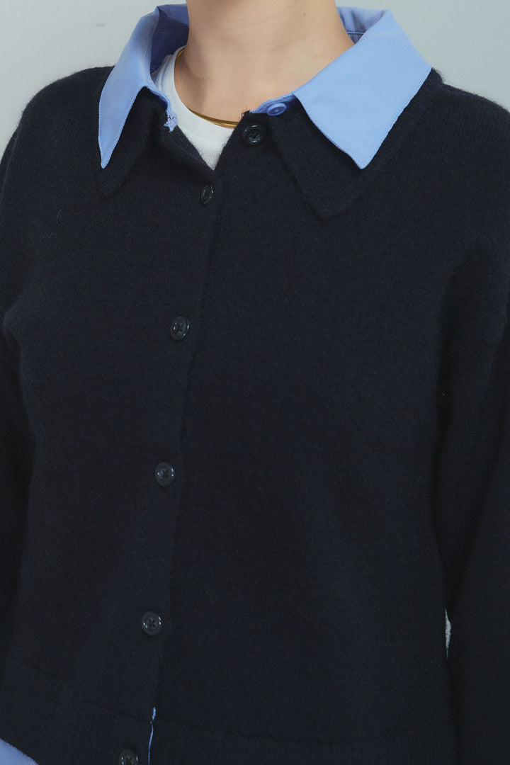 [予約/SET]シャツレイヤードライクニットカーデ+袖レースレイヤードプルオーバー+シャツレイヤードライクニットスカート(3set)