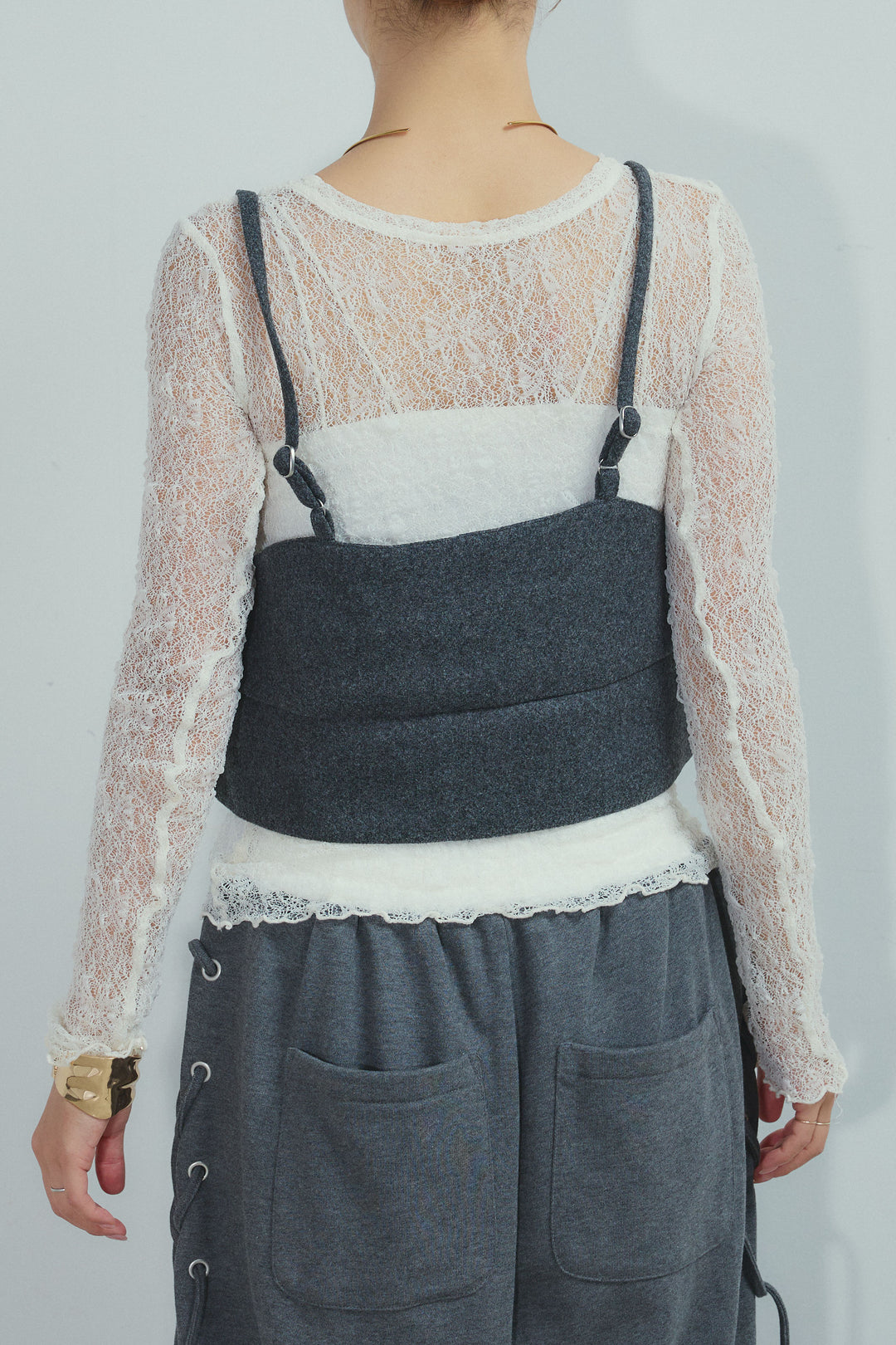 [予約/SET]ヘザーツイルダブルジャケット+シアーレーストップス+フェイクウールビスチェ+サイドレースアップスウェットパンツ(4set)