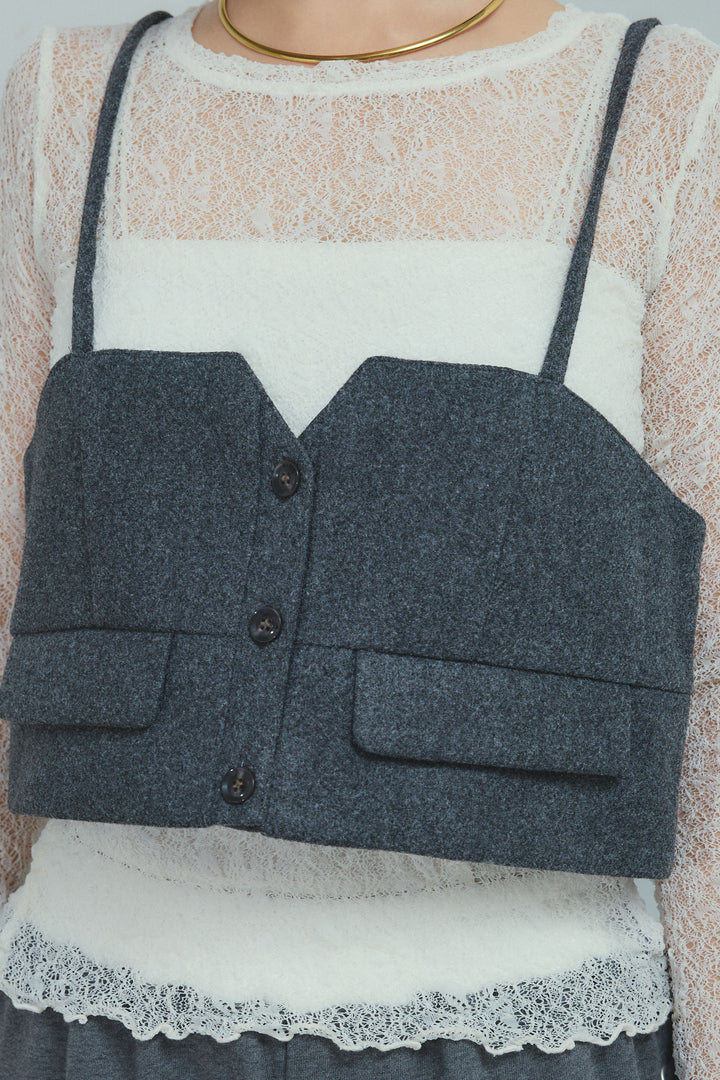 [予約/SET]ヘザーツイルダブルジャケット+シアーレーストップス+フェイクウールビスチェ+サイドレースアップスウェットパンツ(4set)