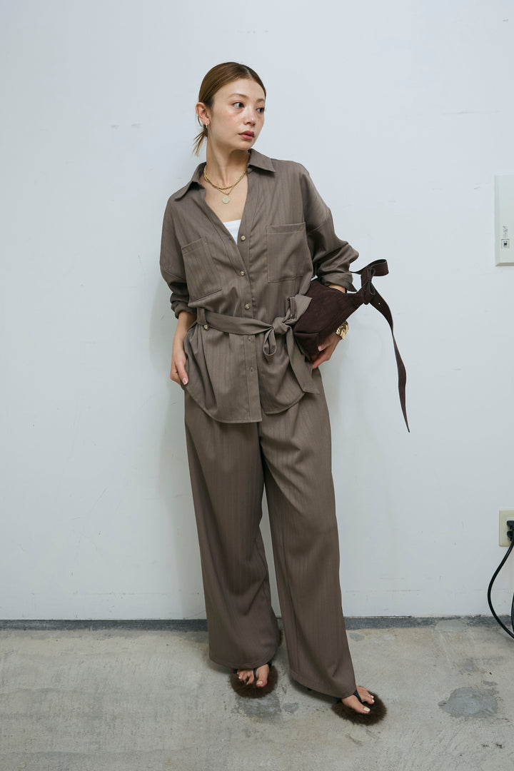 ミニヘリンボーンベルト付きシャツ+ミニヘリンボーンストレートイージーワイドPT(2set)