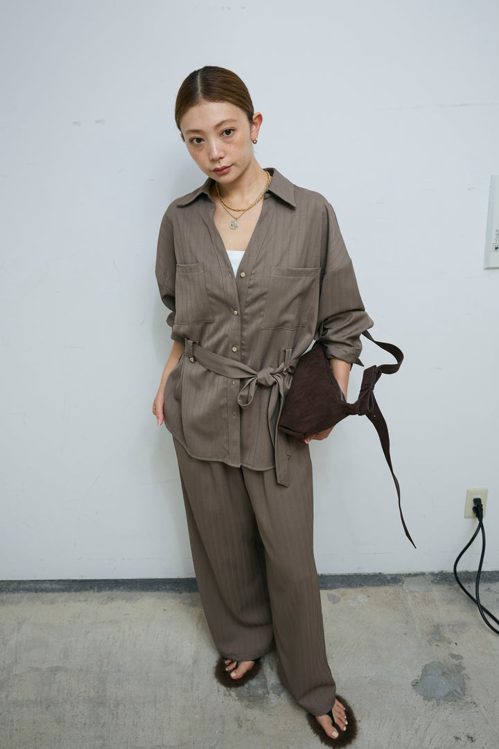 ミニヘリンボーンベルト付きシャツ+ミニヘリンボーンストレートイージーワイドPT(2set)