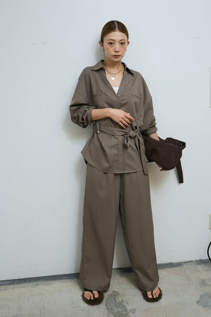 ミニヘリンボーンベルト付きシャツ+ミニヘリンボーンストレートイージーワイドPT(2set)