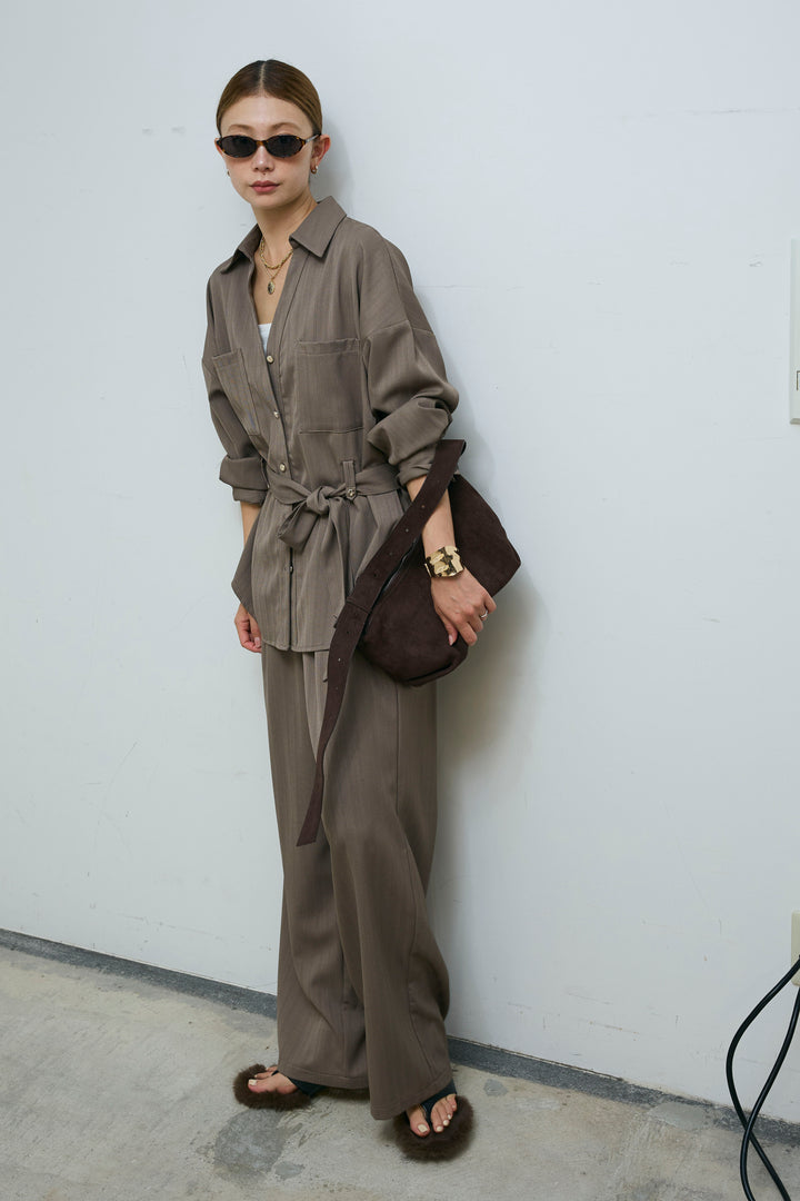 ミニヘリンボーンベルト付きシャツ+ミニヘリンボーンストレートイージーワイドPT(2set)