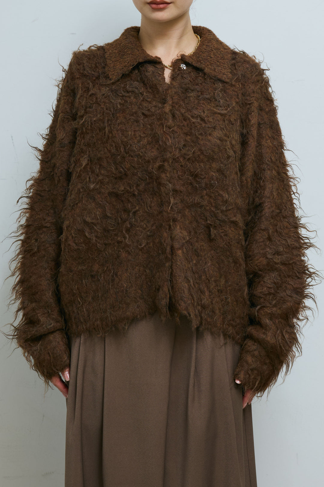 [予約]ミックスシャギー襟付きカーデ