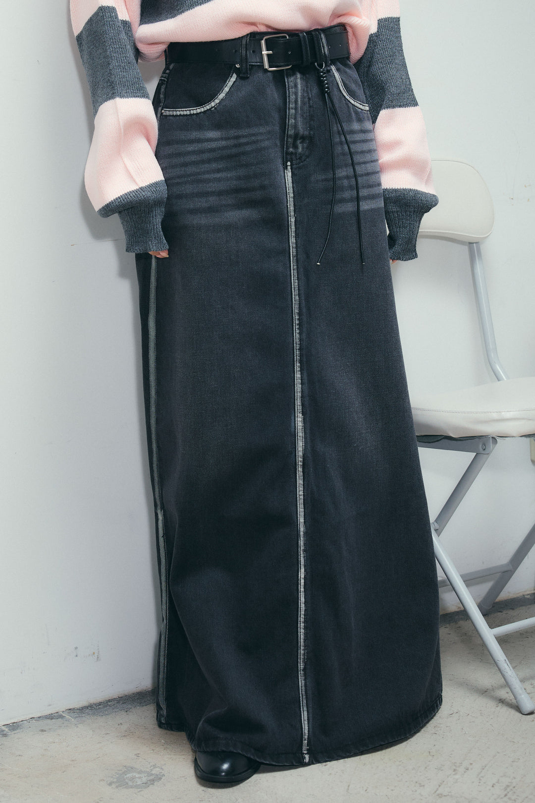 [予約]ベルト付きデニムロングスカート