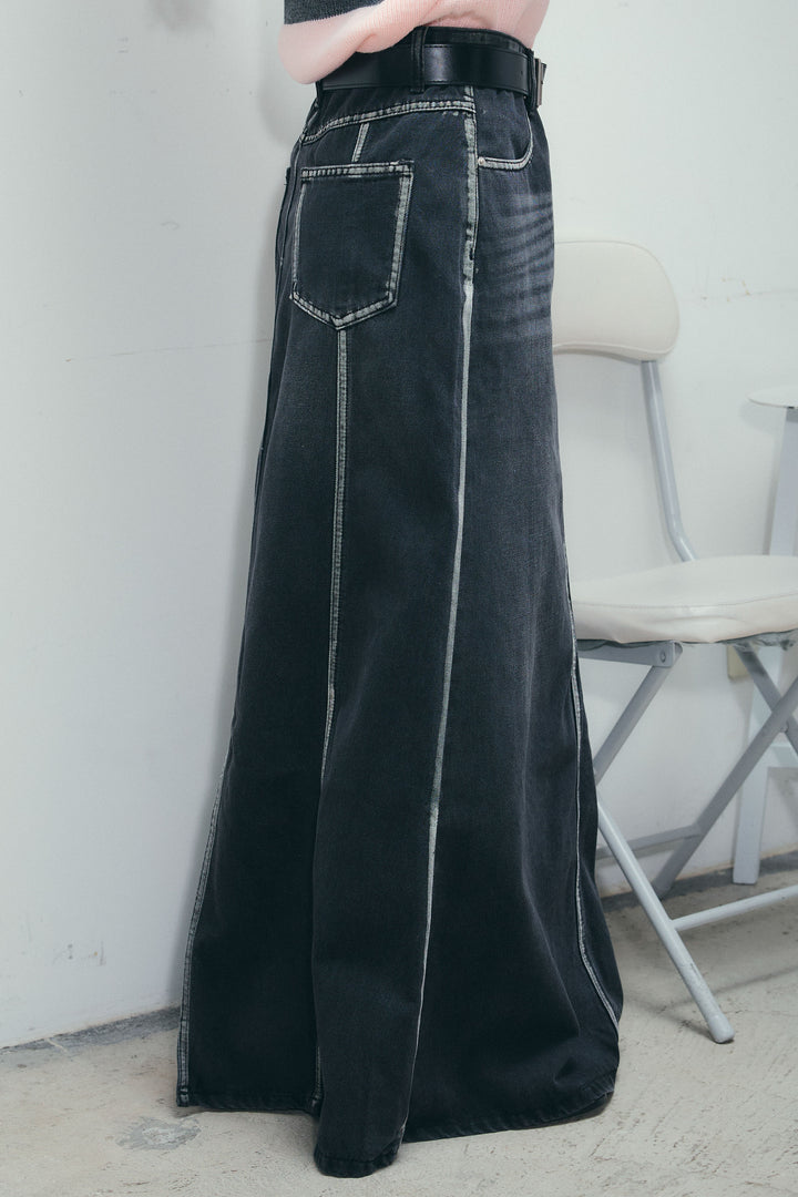 [予約/SET]ボーダーポロニット+ベルト付きデニムロングスカート(2set)