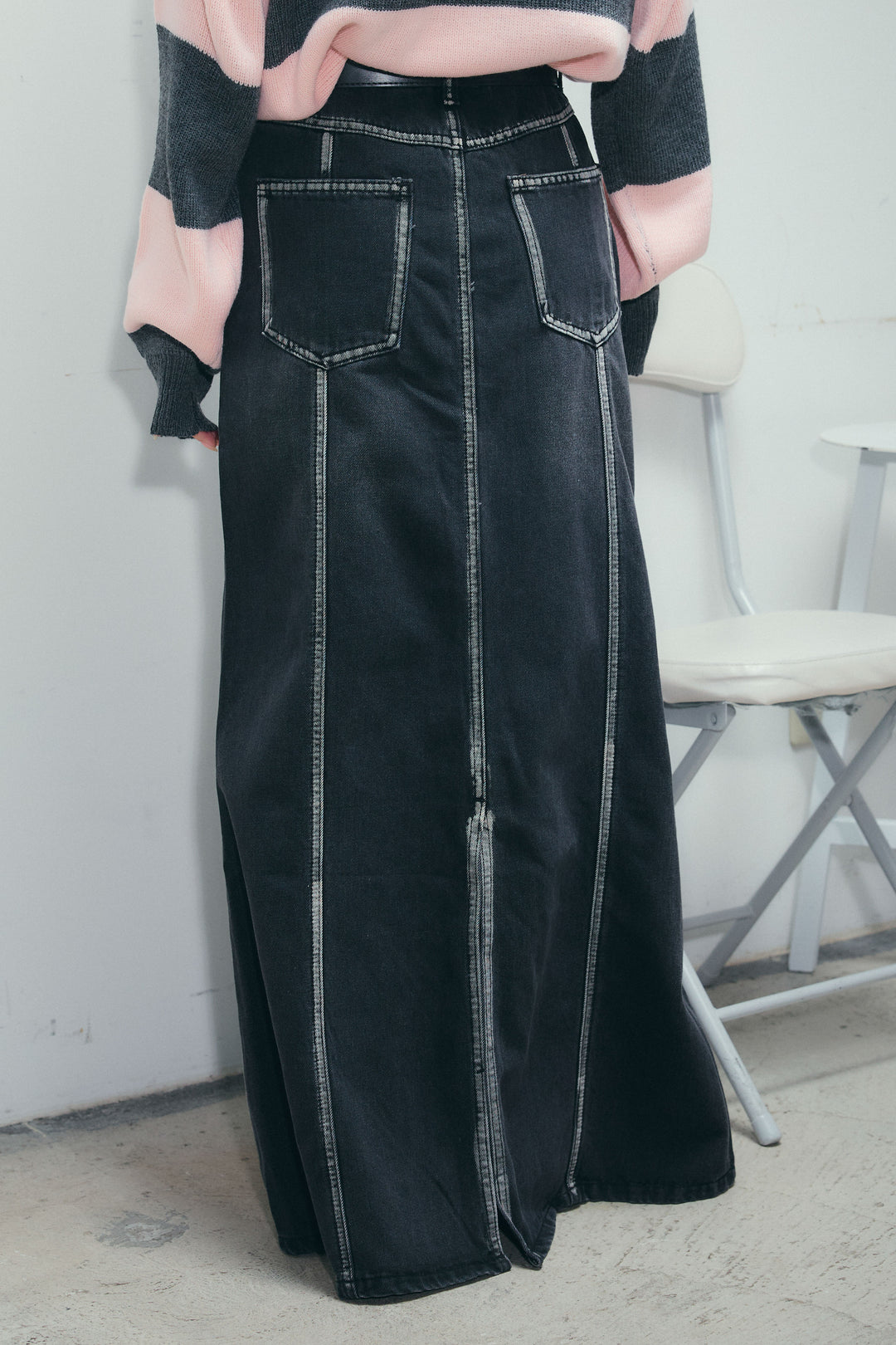 [予約/SET]ボーダーポロニット+ベルト付きデニムロングスカート(2set)