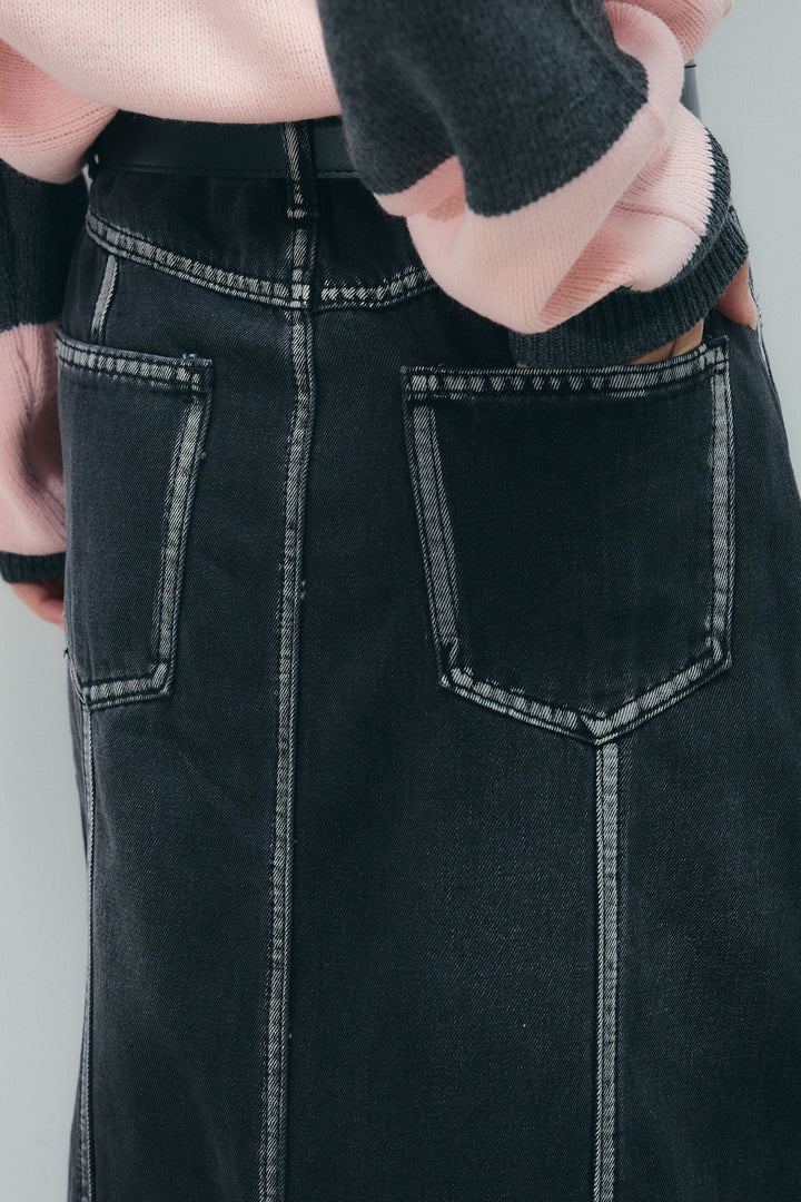 [予約/SET]ラガーニットプルオーバー+ベルト付きデニムロングスカート(2set)