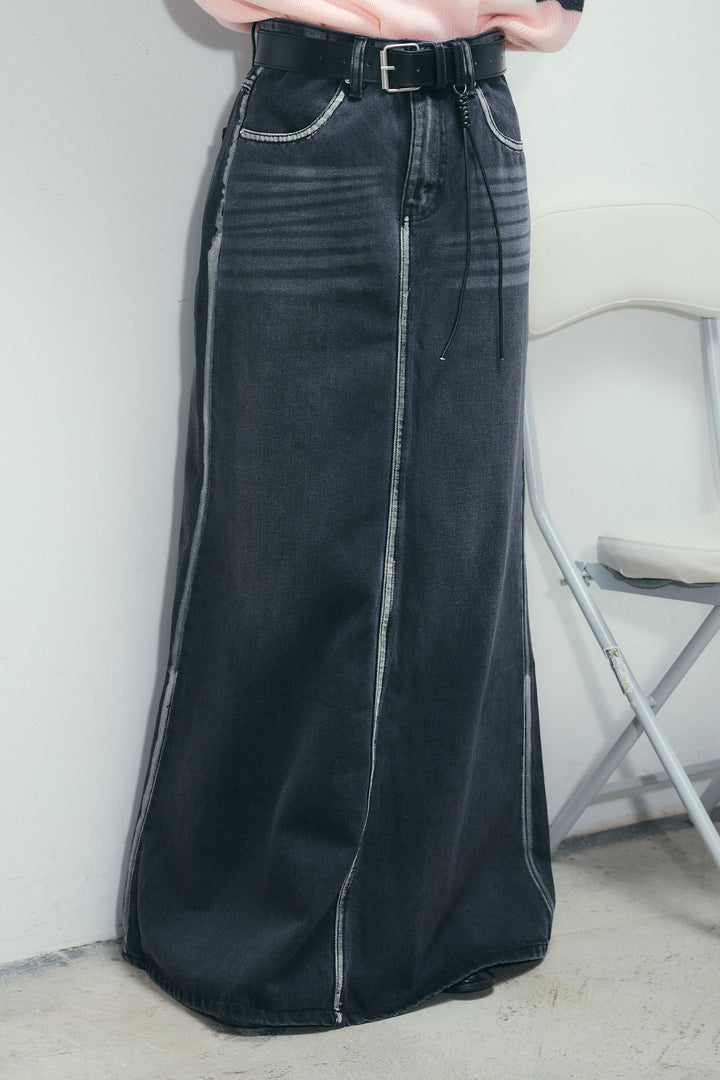 [予約/SET]ボーダーポロニット+ベルト付きデニムロングスカート(2set)