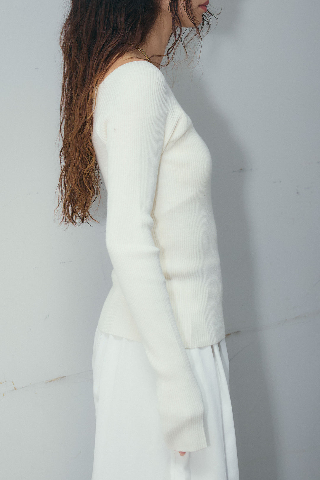 [予約/SET]フリンジ切り替えニットチュニック+オフショルリブニット+センタースリットパンツ(3set)