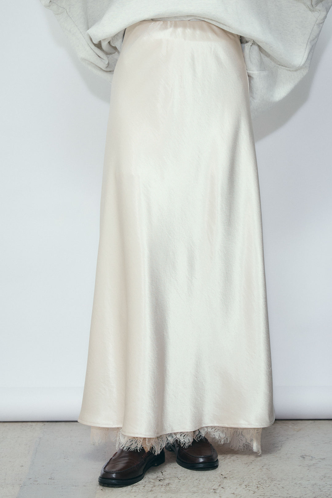 [予約/SET]ヴィンテージ加工PO+裾レースサテンスカート(2set)
