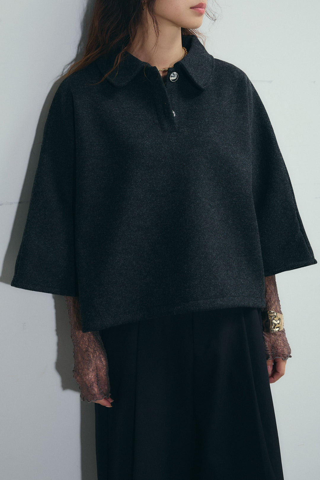 [予約/SET]フェイクウールワイドポロシャツ+ベルト付きステッチポイントキュロットパンツ(2set)