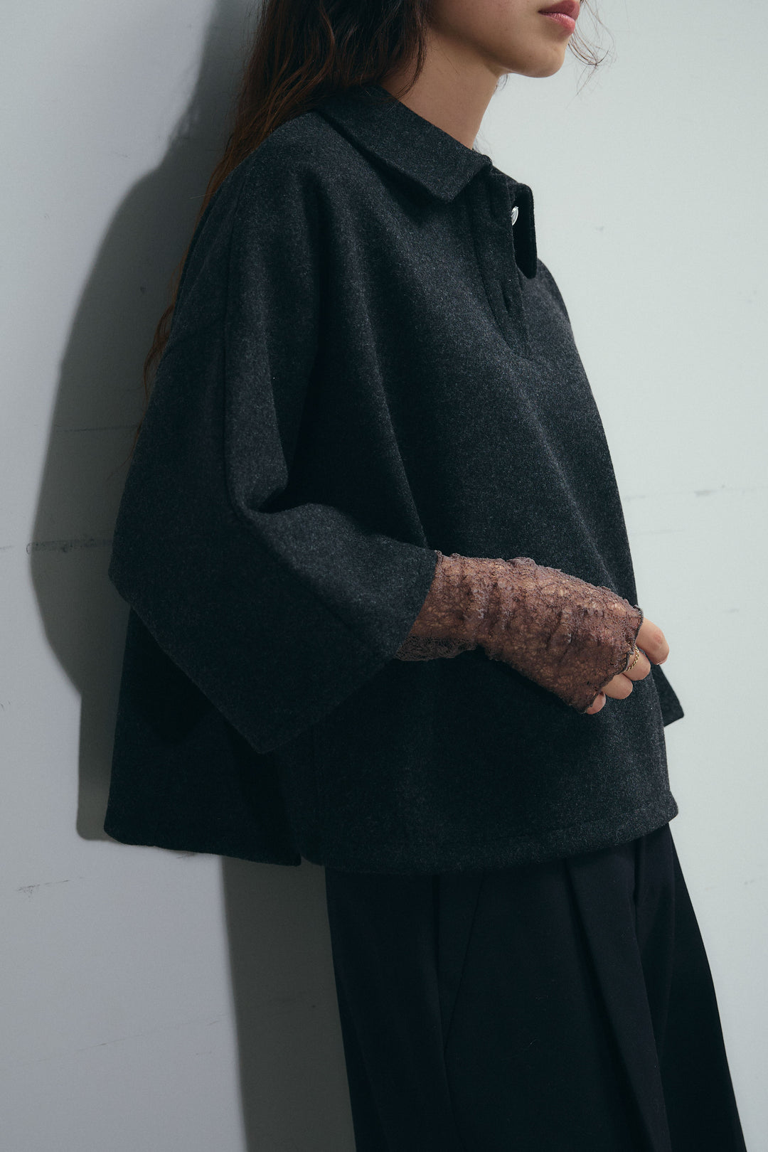 [予約/SET]フェイクウールワイドポロシャツ+ベルト付きステッチポイントキュロットパンツ(2set)