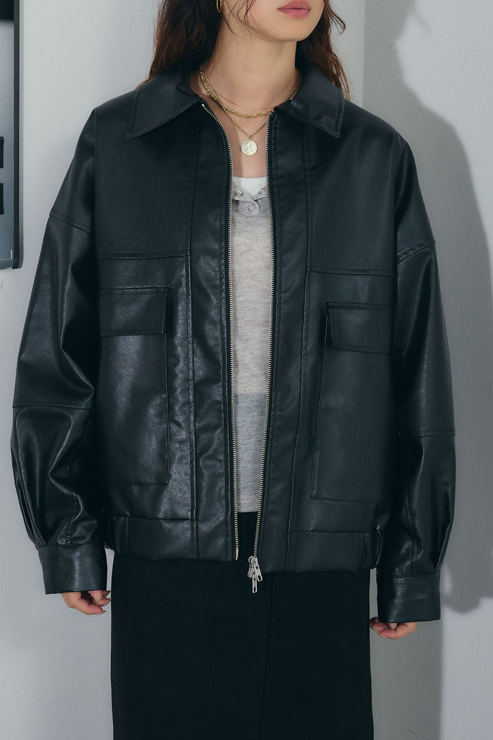 [予約/SET]エコレザー襟付きブルゾン+フェイクスエードラップ風Iラインスカート(2set)