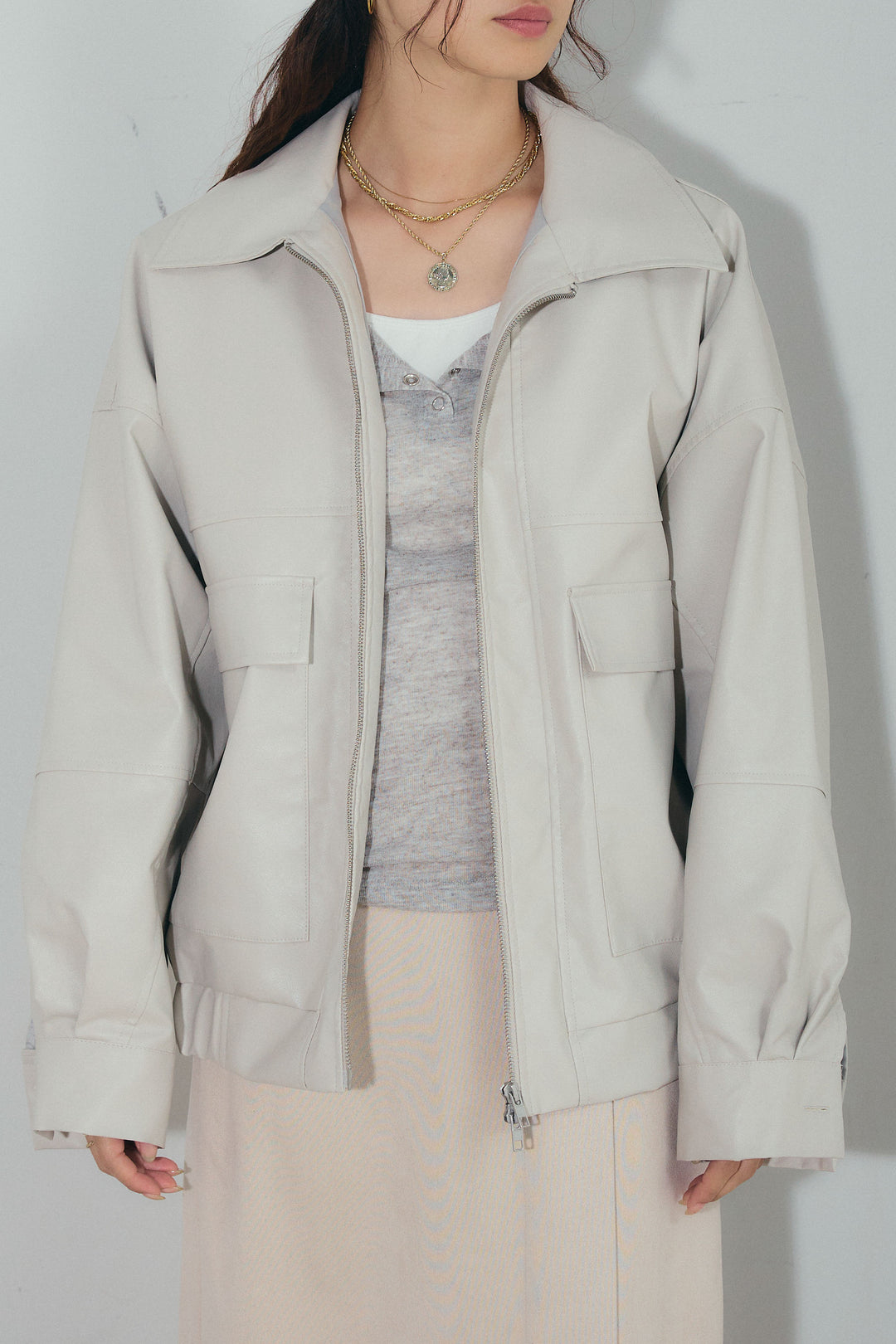 [予約]エコレザー襟付きブルゾン