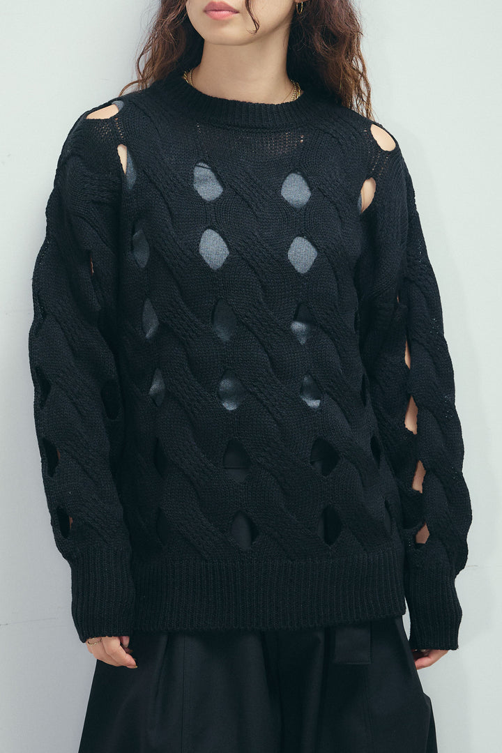 [予約/SET]ケーブルカットアウトニットTOP+ベルト付きコクーンワイドパンツ(2set)