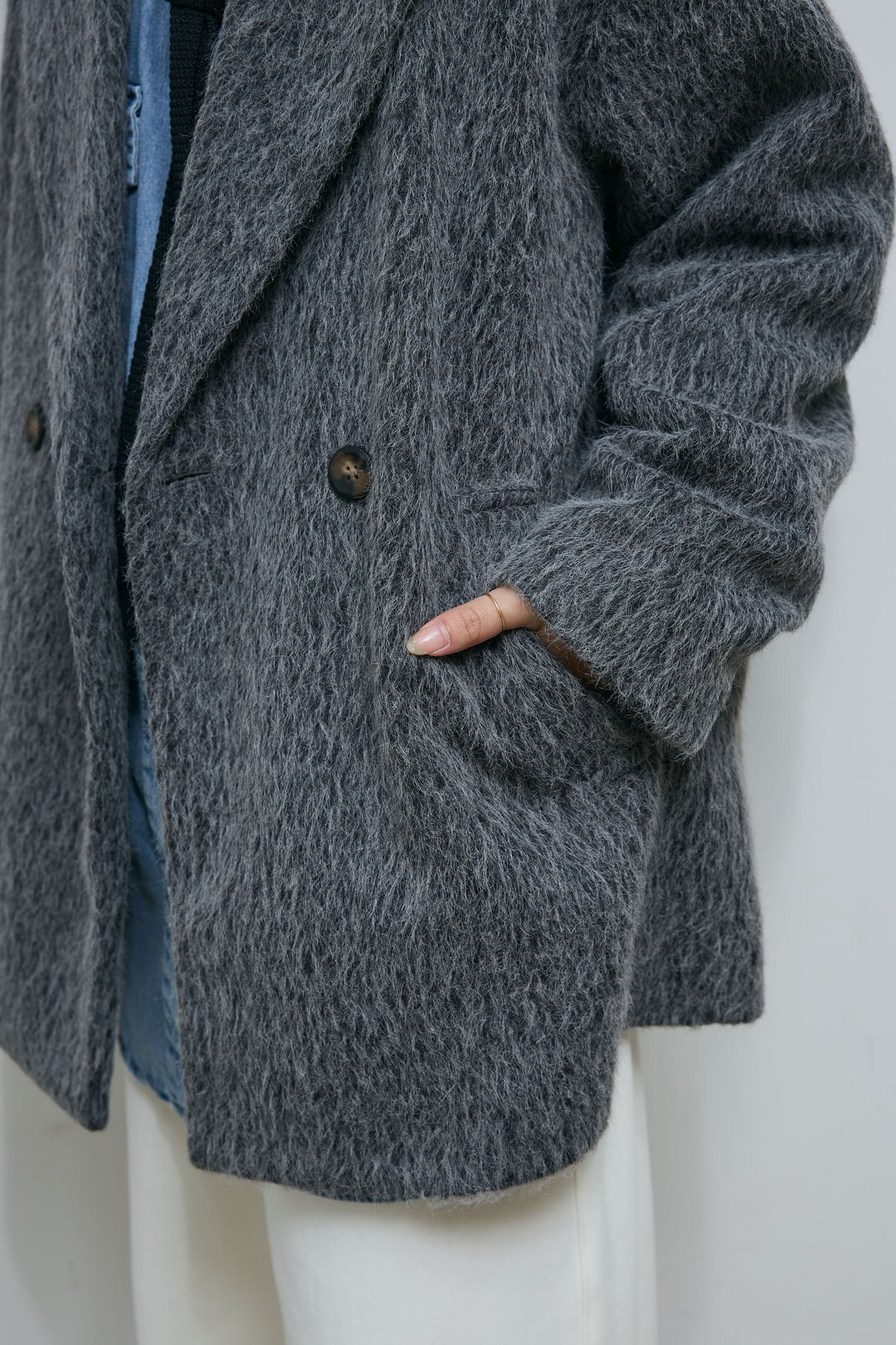 [予約/SET]シャギーミドルコート+オーバーサイズデニムシャツ(2set)