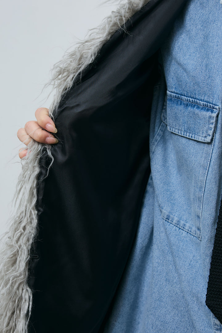 [予約/SET]フェイクシャギーファーベスト+オーバーサイズデニムシャツ(2set)