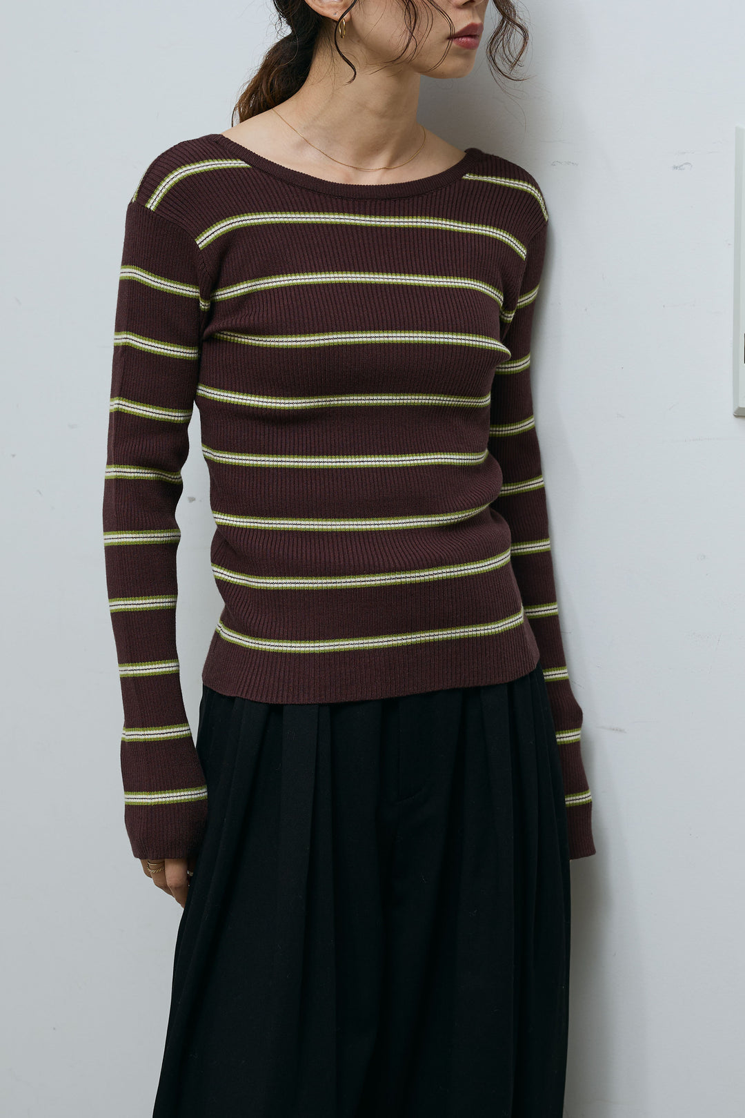 [予約/SET]ボーダーバックオープン2wayPO+ボーダーカーディガン+フェイクレザー太ベルト付きタックデザインパンツ(3set)