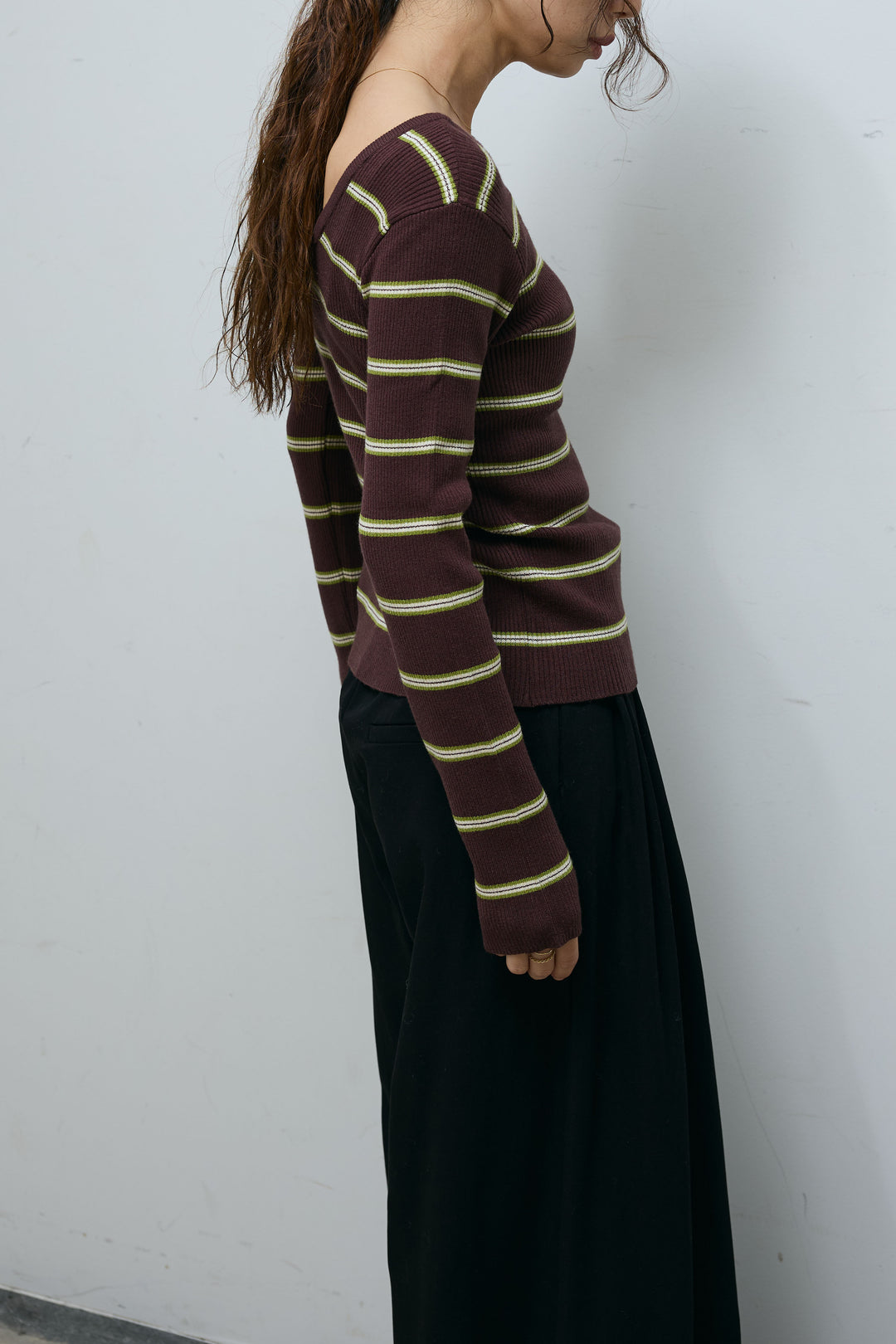 [予約/SET]ボーダーバックオープン2wayPO+ボーダーカーディガン+フェイクレザー太ベルト付きタックデザインパンツ(3set)