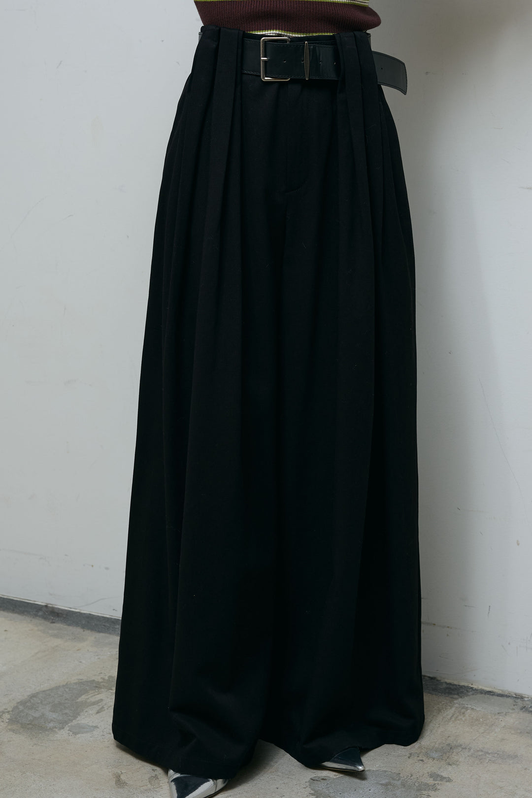 [予約/SET]ボーダーバックオープン2wayPO+ボーダーカーディガン+フェイクレザー太ベルト付きタックデザインパンツ(3set)