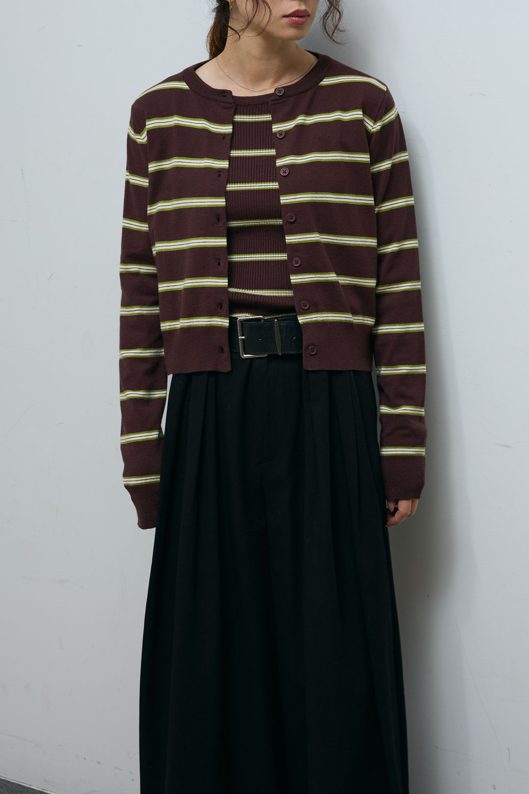 [予約/SET]ボーダーバックオープン2wayPO+ボーダーカーディガン+フェイクレザー太ベルト付きタックデザインパンツ(3set)