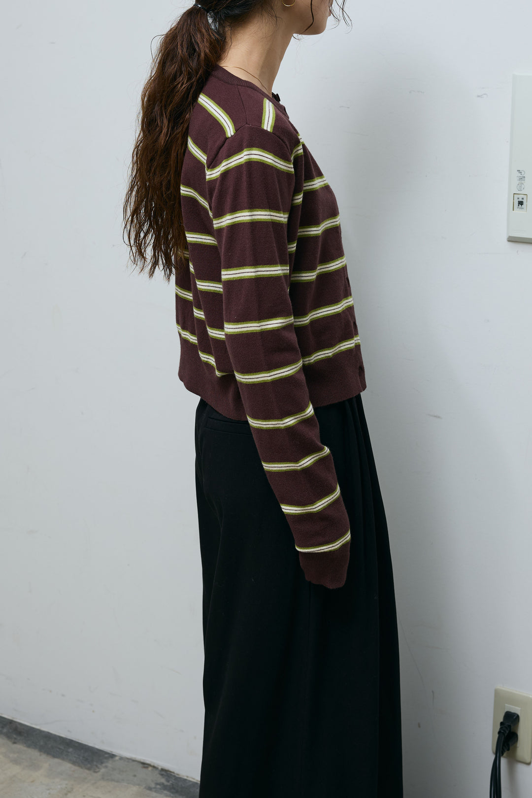 [予約/SET]ボーダーバックオープン2wayPO+ボーダーカーディガン+フェイクレザー太ベルト付きタックデザインパンツ(3set)