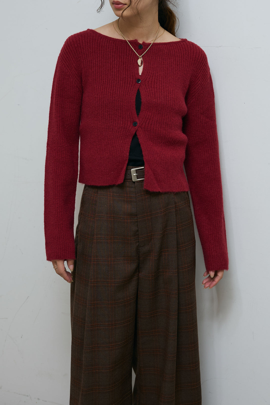 [予約/SET]コンパクトカーディガン+ベルト付きチェックタックワイドパンツ(2set)