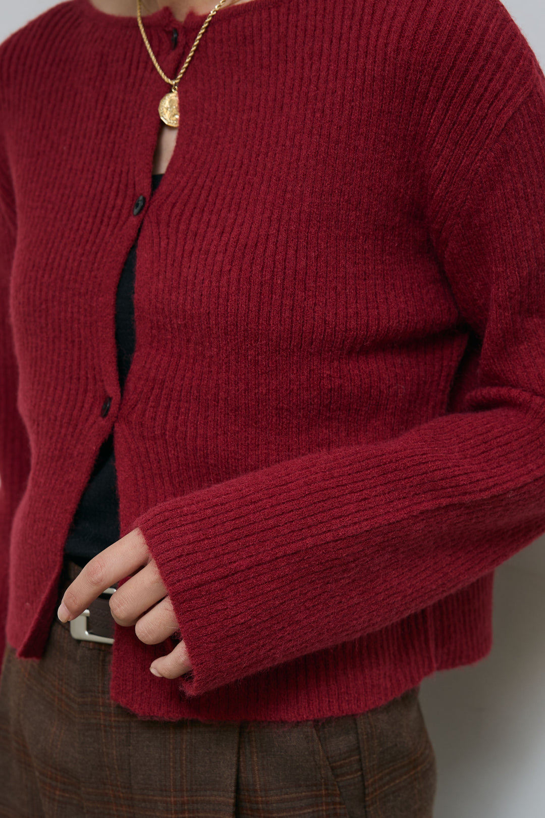 [予約/SET]コンパクトカーディガン+ベルト付きチェックタックワイドパンツ(2set)