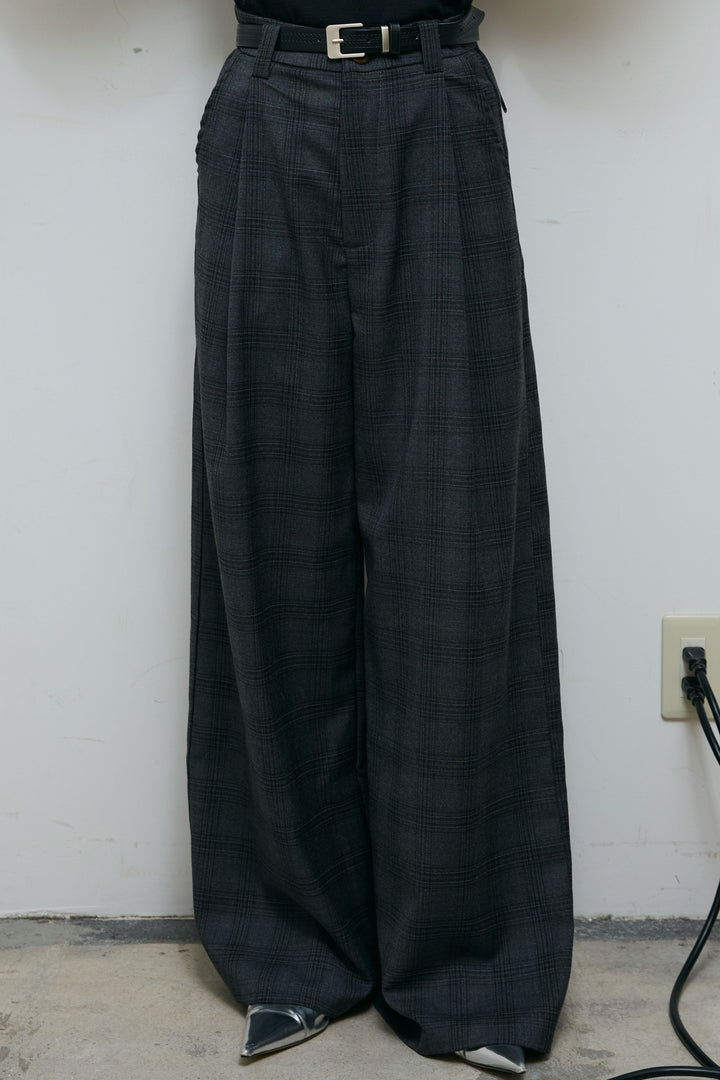 [予約]ベルト付きチェックタックワイドパンツ