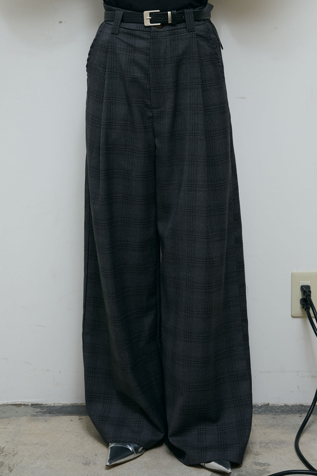 [予約/SET]レイヤードネットニットセット+ベルト付きチェックタックワイドパンツ(2set)