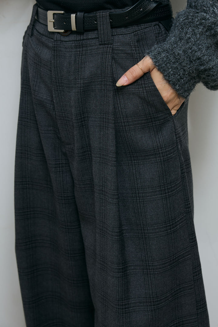 [予約/SET]レイヤードネットニットセット+ベルト付きチェックタックワイドパンツ(2set)